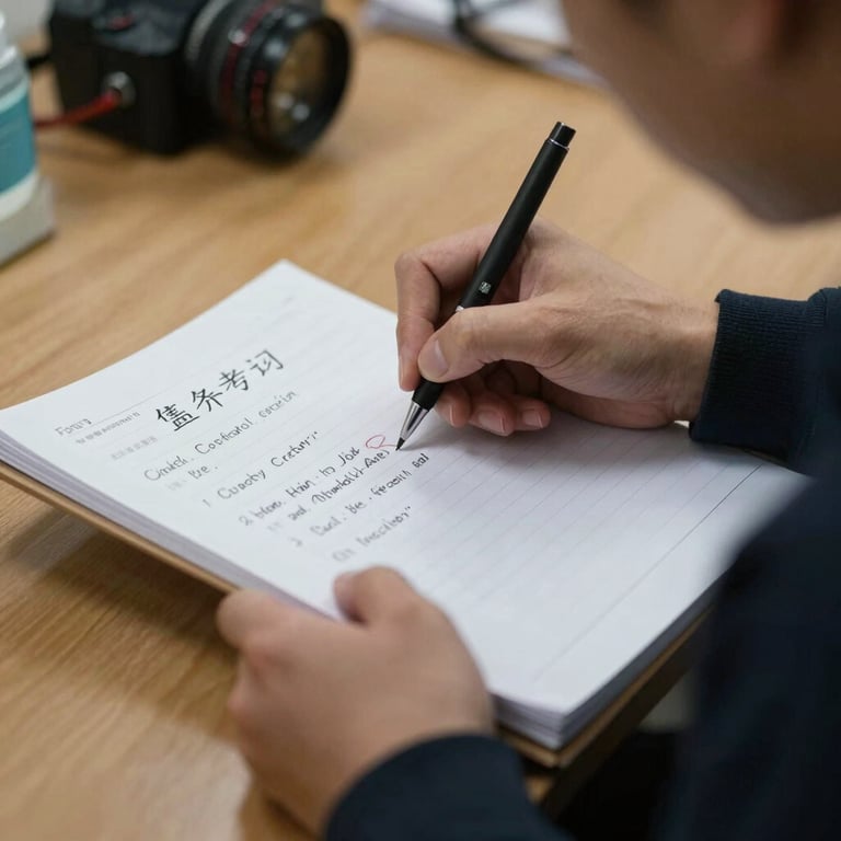 Close-up of a person taking notes during an intensive training session for civil service exams.