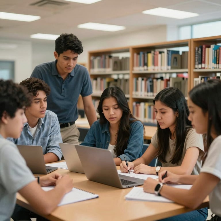 A diverse group of South American / Colombian students collaborating in a modern, light-filled university library.