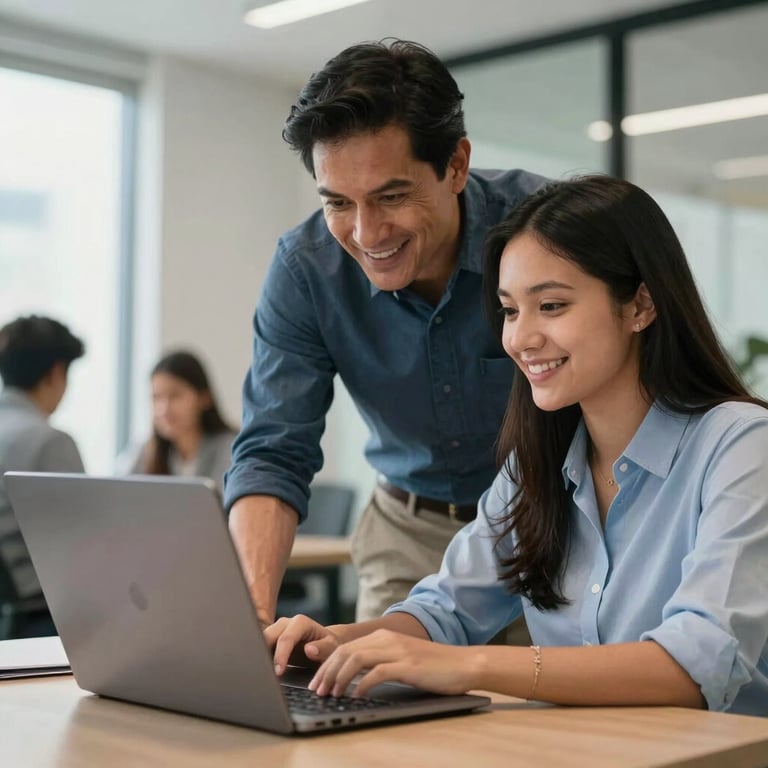 A supportive mentor assisting a student in a modern Colombian office setting, both looking at a laptop with a smile.