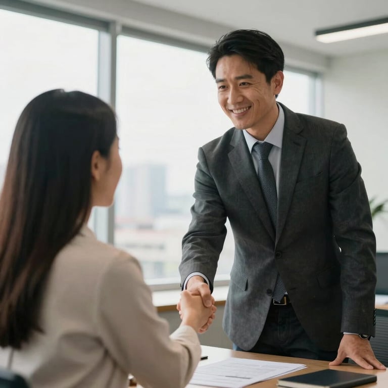 A professional consultant shaking hands with a successful applicant in a bright office in Bogotá.