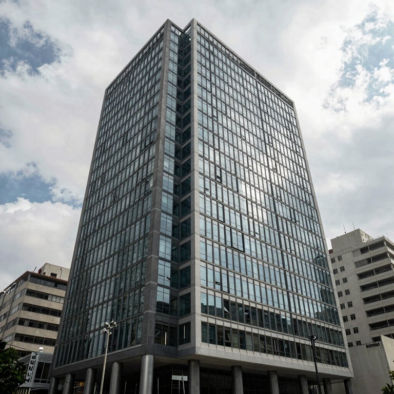 A modern office building in a major Colombian city, representing professional opportunities in the public sector.