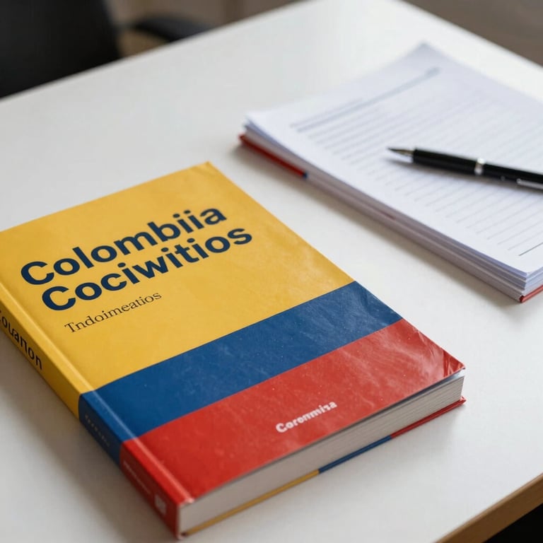 Close-up of organized study guides and books focused on Colombian administrative law on a clean desk.