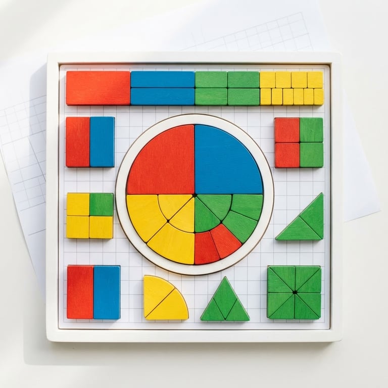 A high-key top-down shot of colorful wooden geometric shapes arranged as a fraction puzzle on a clean white grid paper background, bright natural daylight, shallow depth of field.