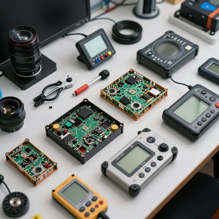 An overhead shot of a organized professional workspace with diagnostic tools and disassembled electronics.