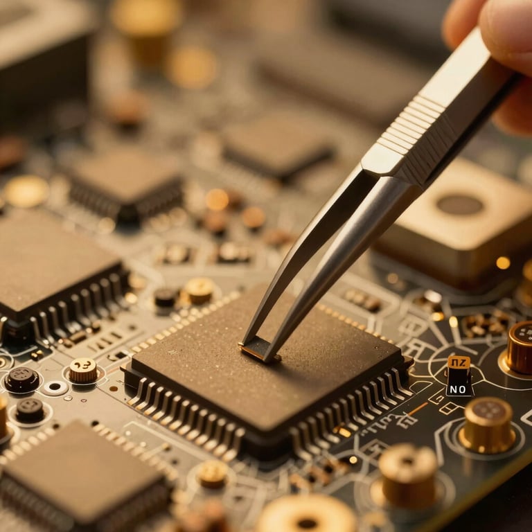 Precision tweezers handling a small memory chip on a motherboard under warm amber lighting.