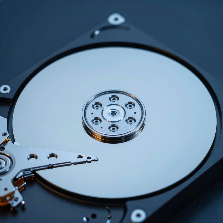 A close-up shot of a hard drive platter reflecting soft blue light in a cleanroom environment.