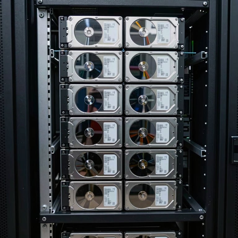 A series of high-capacity server hard drives stacked neatly in a modern data center rack.