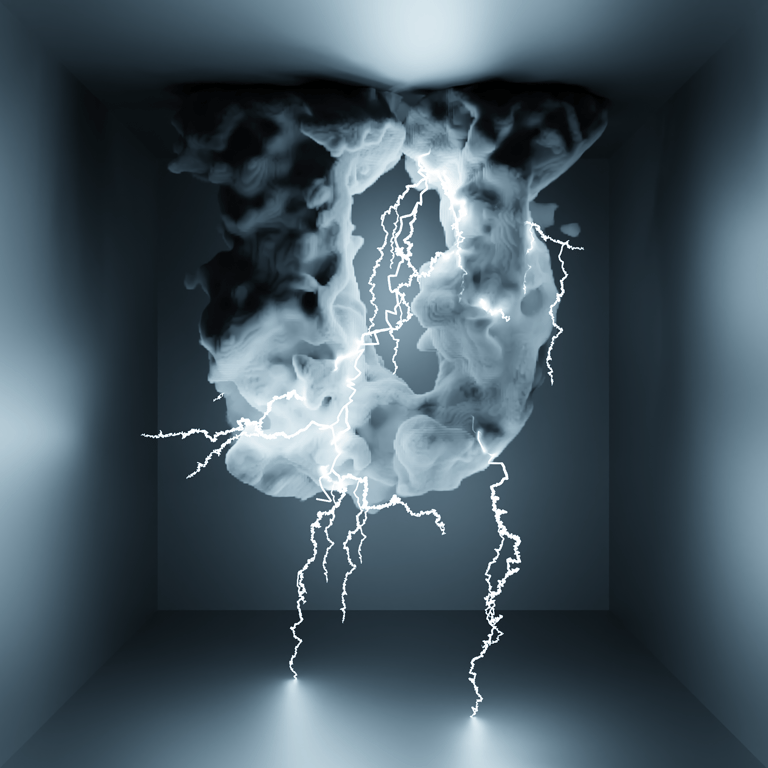 Dramatic 3D rendering of bright lightning bolts striking through dark U-shaped cloud in a blue room.