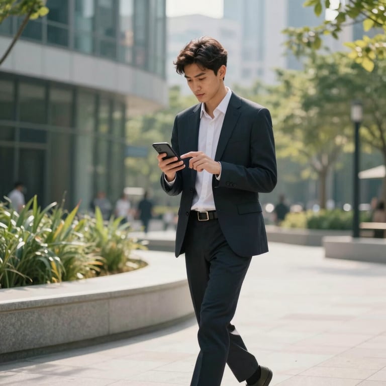 A young professional walking through a modern urban park in the US, checking a well-designed app on their mobile device in the daylight.