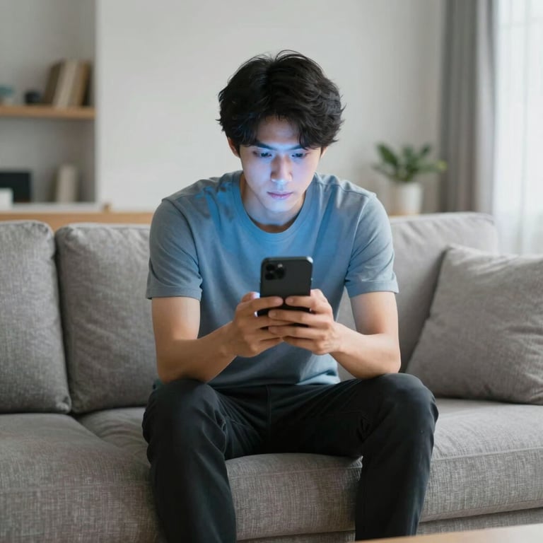 A person sitting on a modern sofa in a bright US apartment, using a smartphone that illuminates their face with a soft light blue glow.