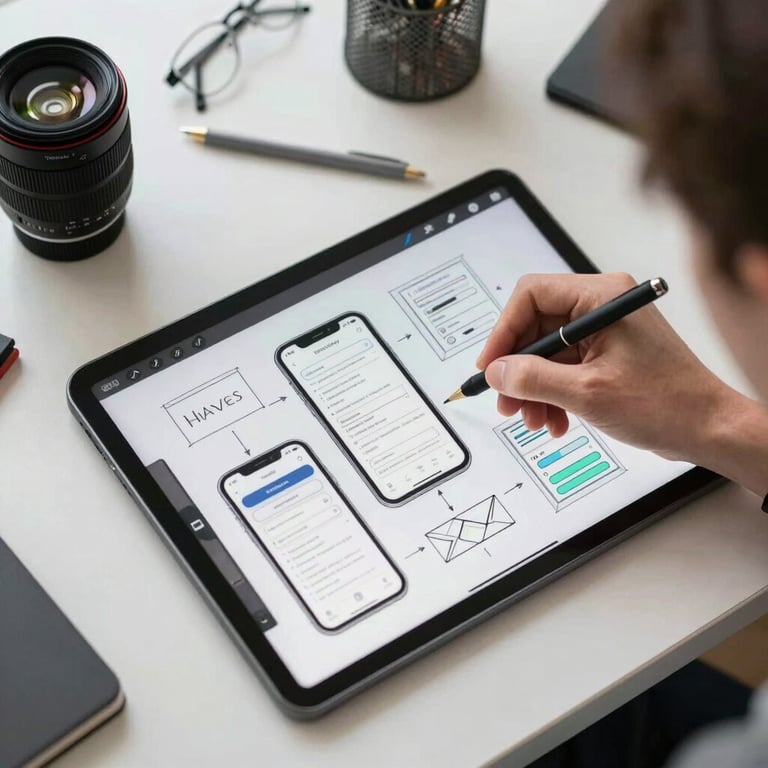 A top-down view of a designer sketching mobile app wireframes on a digital tablet, surrounded by professional design tools in a bright office.