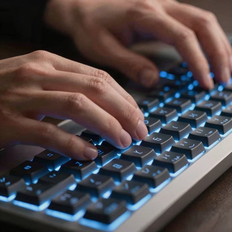 Macro shot of a developer's hands typing on a high-quality mechanical keyboard with soft light blue backlighting.