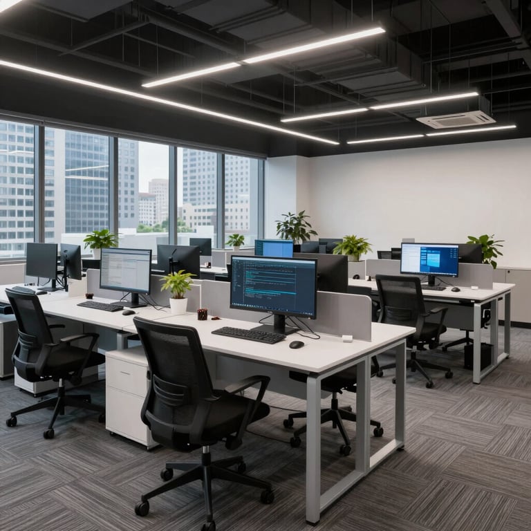 A wide shot of a high-tech development studio in a North American city, showing clean lines, ergonomic furniture, and large coding monitors.
