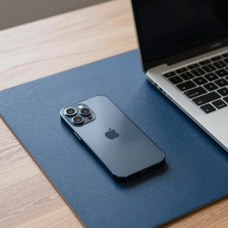 A minimalist North American workspace with a high-end smartphone lying on a deep blue desk mat next to a sleek laptop.