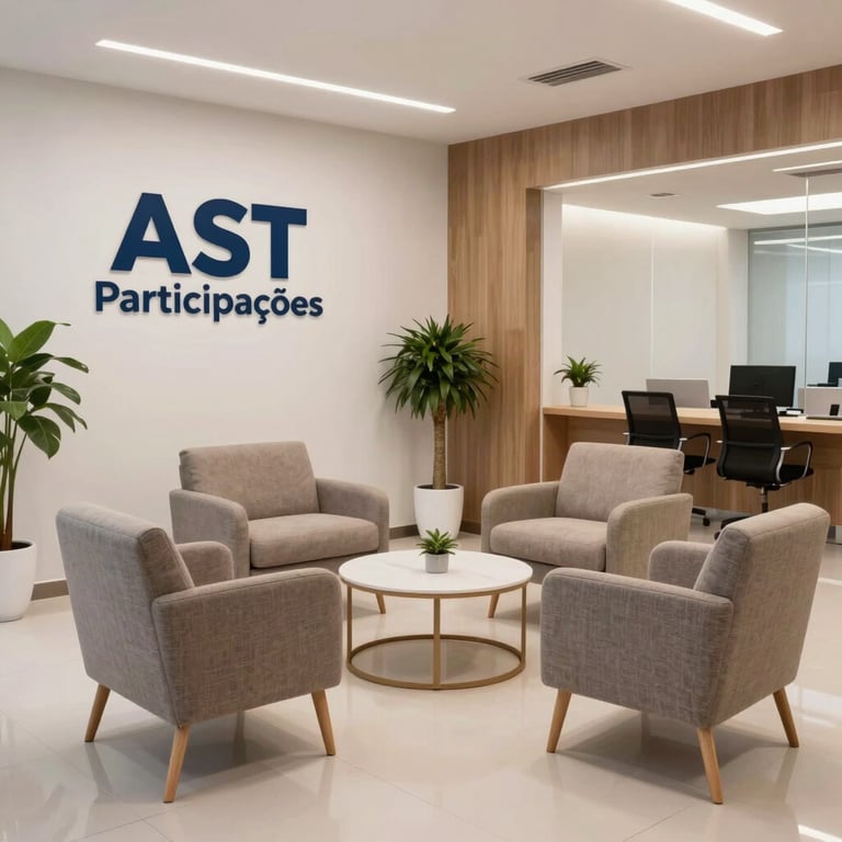 The modern reception area of AST Participações, featuring comfortable chairs and clean, professional decor.