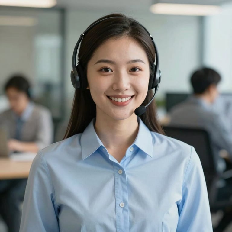 A smiling customer service agent in a light blue shirt, blurred office background, soft focus.