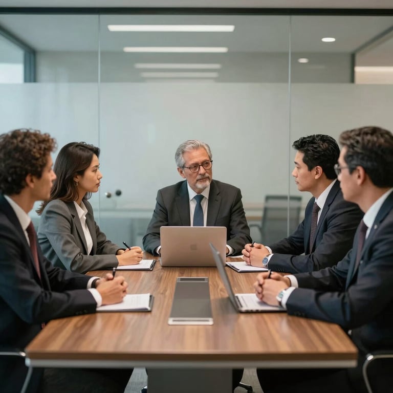 A group of professionals in Brazilian business attire having a meeting in a glass-walled conference room.
