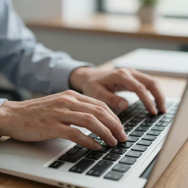 Close-up of professional hands typing on a laptop keyboard in a bright office, focus on efficiency.