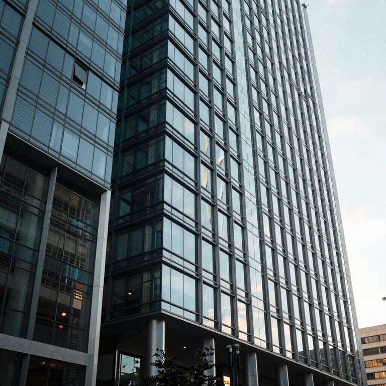 Exterior shot of a modern corporate building in a South American business district, sleek glass facade.