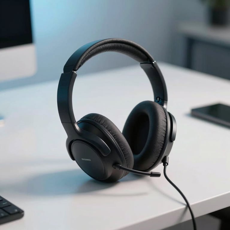 A high-quality professional headset sitting on a clean, modern white desk, soft blue lighting in the background.