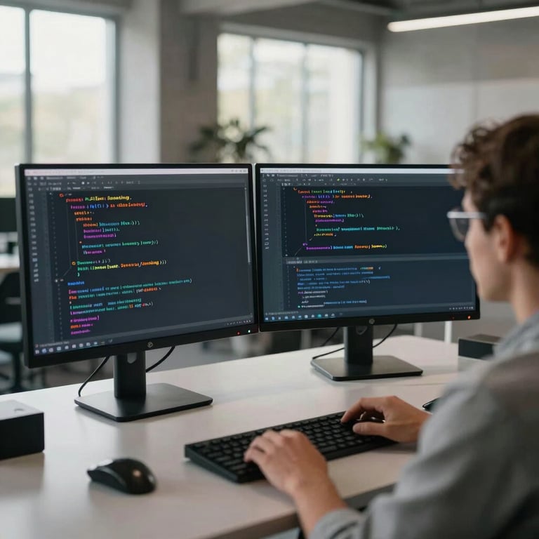 Over-the-shoulder wide shot of a developer analyzing active machine learning pipelines on dual monitors, clean code structure visible, cool crisp morning daylight illuminating a modern concrete workspace.