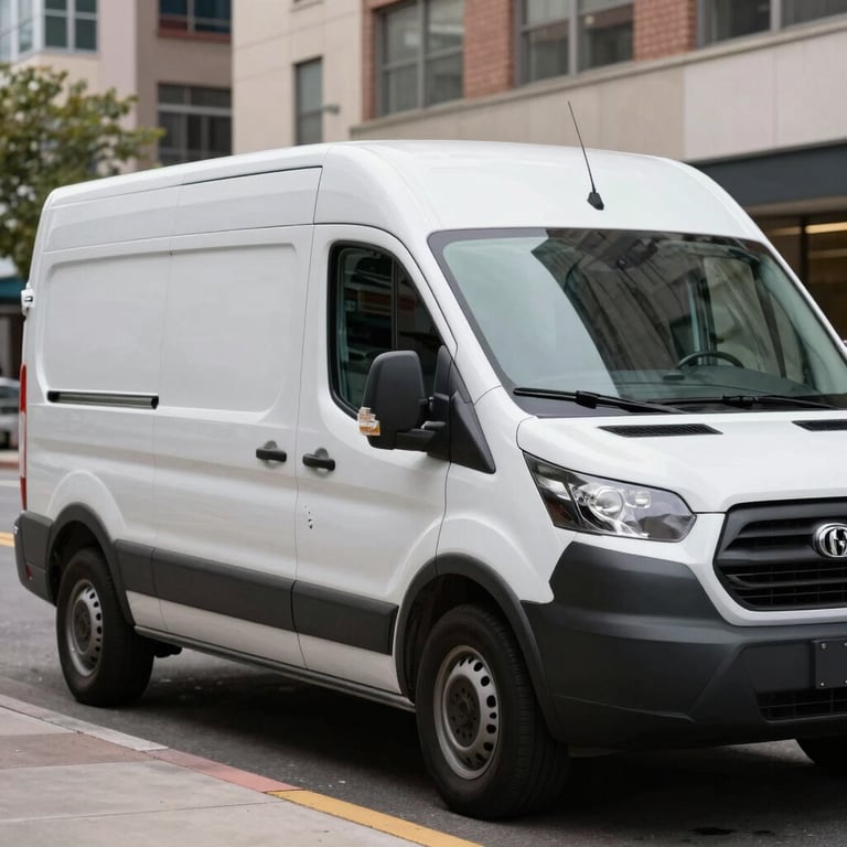 Close-up of a modern commercial delivery van parked in a North American business district.