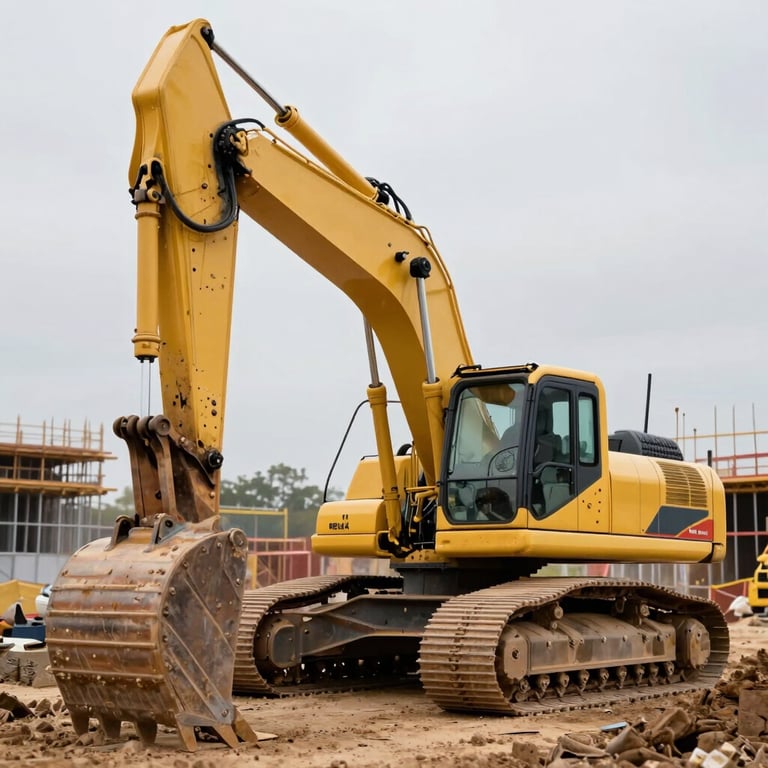 A large yellow excavator at a professional construction site in the US, symbolizing heavy machinery funding.