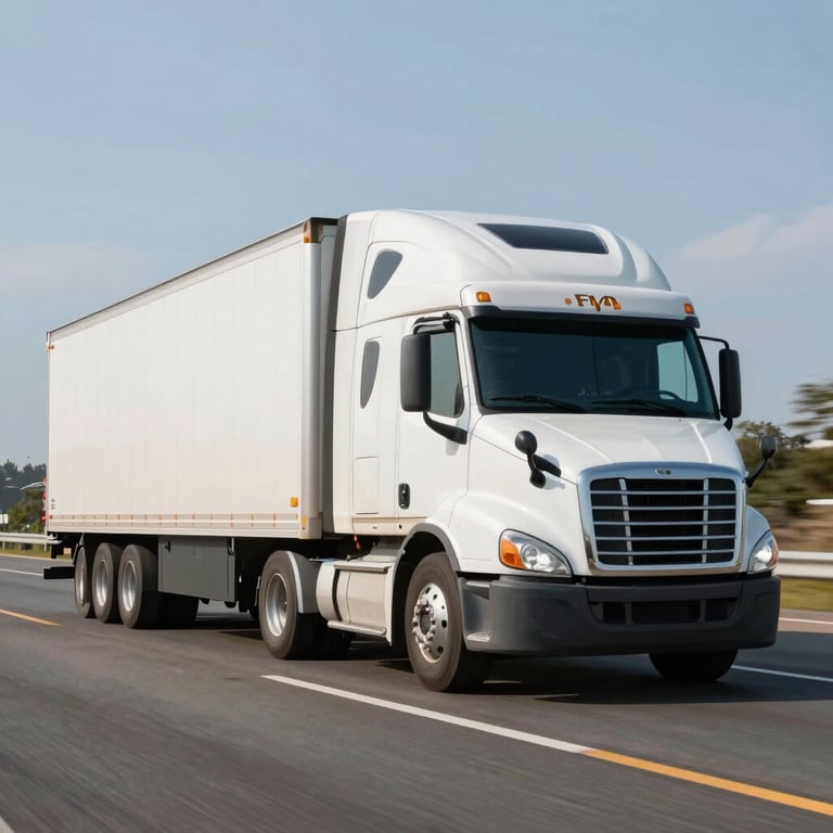 A modern commercial semi-truck traveling on a North American highway during the day, representing transportation finance.