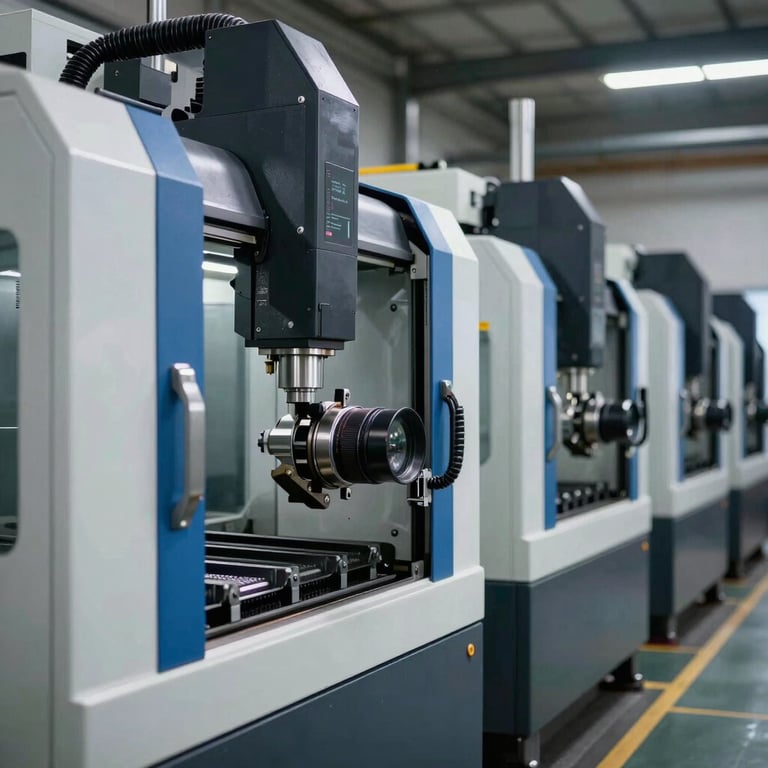 A row of specialized industrial CNC machines in a modern manufacturing plant with steel blue accents.