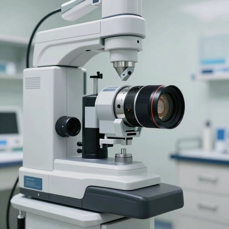 High-tech medical diagnostic equipment in a bright, clean North American clinic setting.