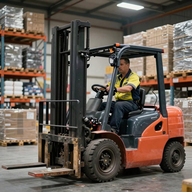 A professional forklift operator moving pallets in a high-ceilinged, organized warehouse.
