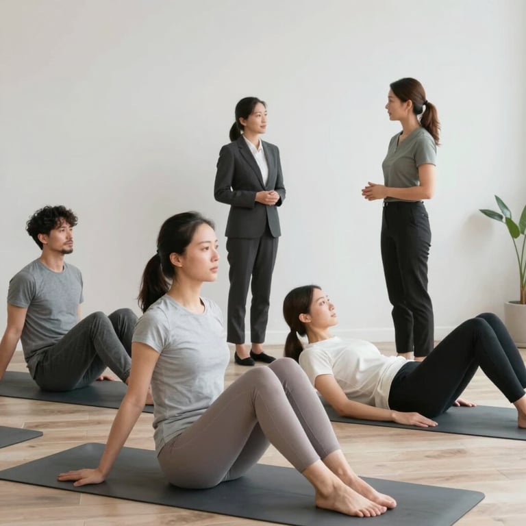 Close-up of hands in a meditative yoga mudra with a serene urban background.