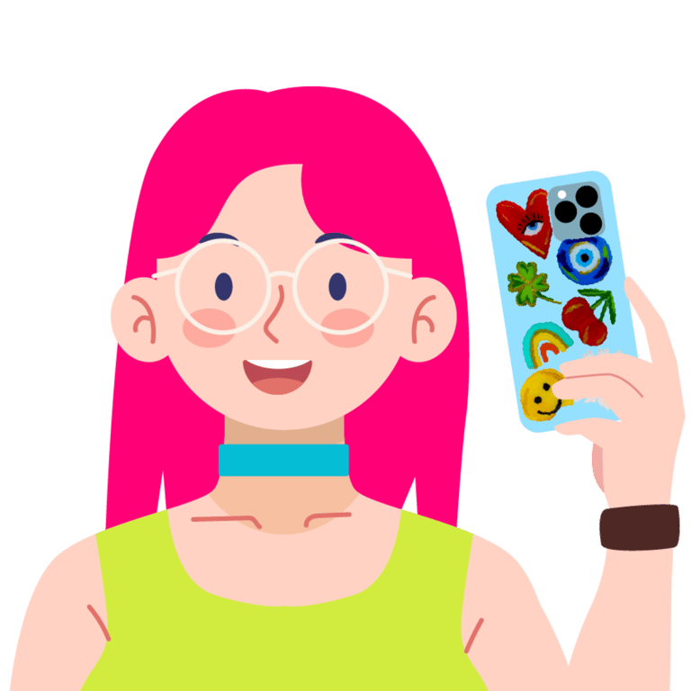Ilustración plana de una mujer de cabello rosa tomándose una selfie con una funda de smartphone cubierta de stickers.