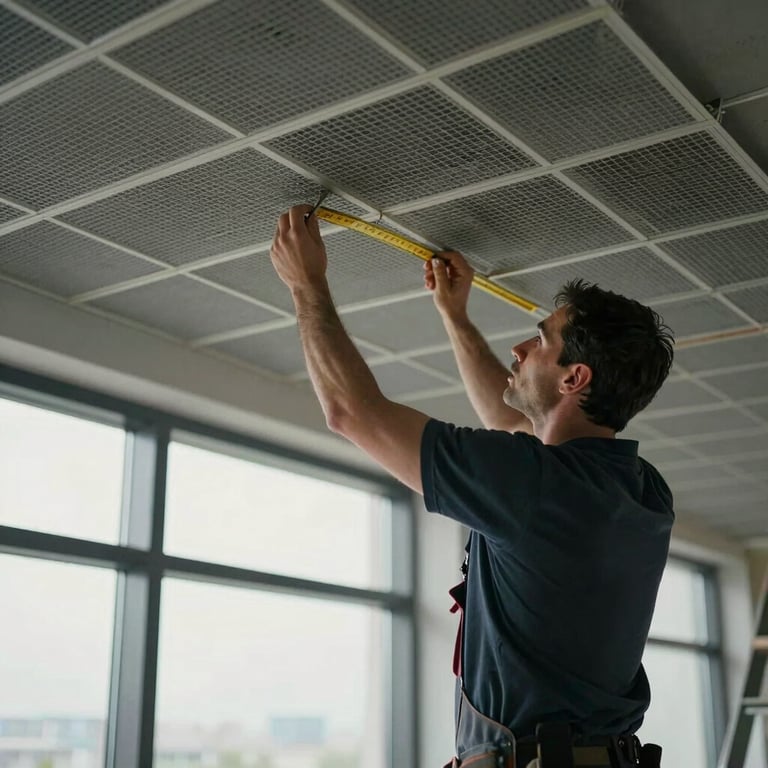 A master craftsman measuring a ceiling grid in an airy penthouse with modern architecture.