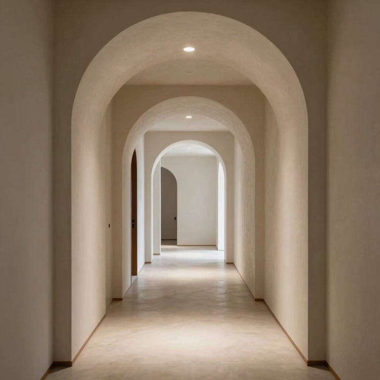 An elegant hallway showcasing curved drywall arches and minimalist architectural lighting in a residential villa.