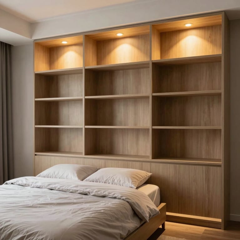 View of a contemporary bedroom featuring custom built-in drywall shelving and warm golden spotlights.
