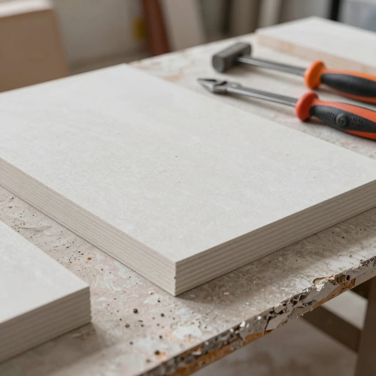 Close-up of high-quality gypsum panels and professional tools on a tidy, well-organized Italian construction site.