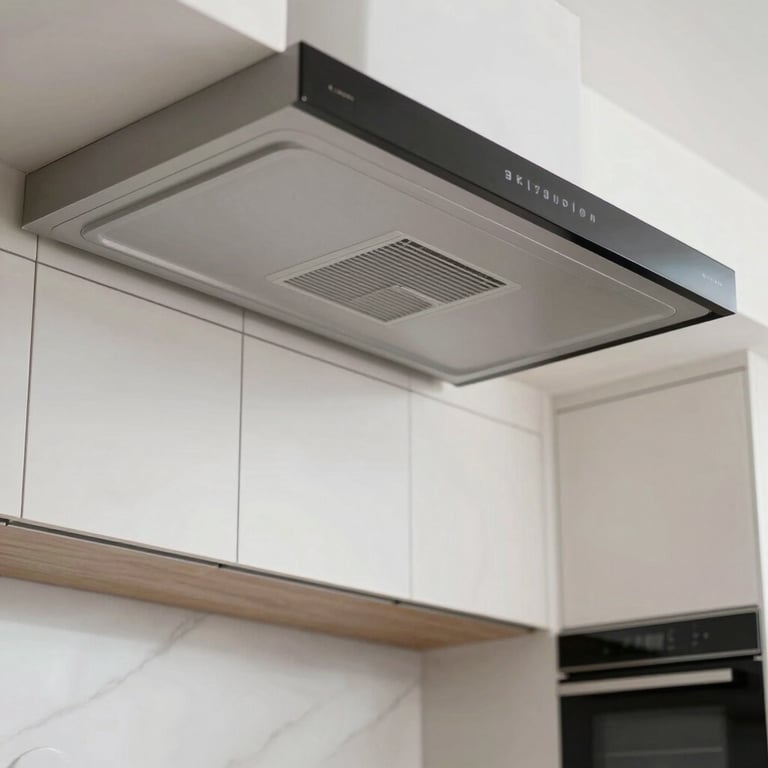 A finished renovation of a modern kitchen featuring a sleek dropped ceiling with integrated ventilation.
