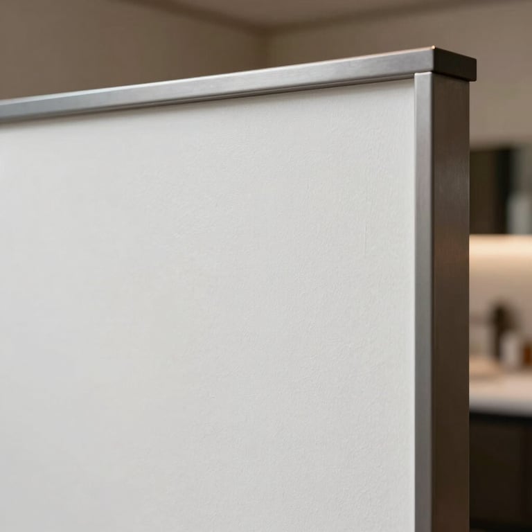 Detail of a perfectly smooth white drywall partition in a luxury Southern European boutique with steel gray accents.