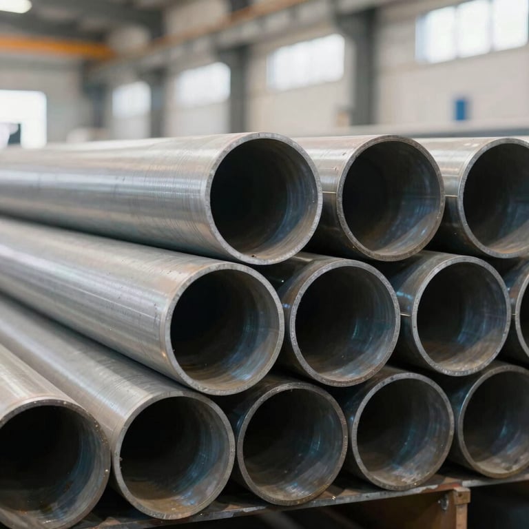 A rows of clean, fabricated steel pipes in a bright industrial facility, with soft highlights in Pale Mist and deep shadows in Deep Navy.