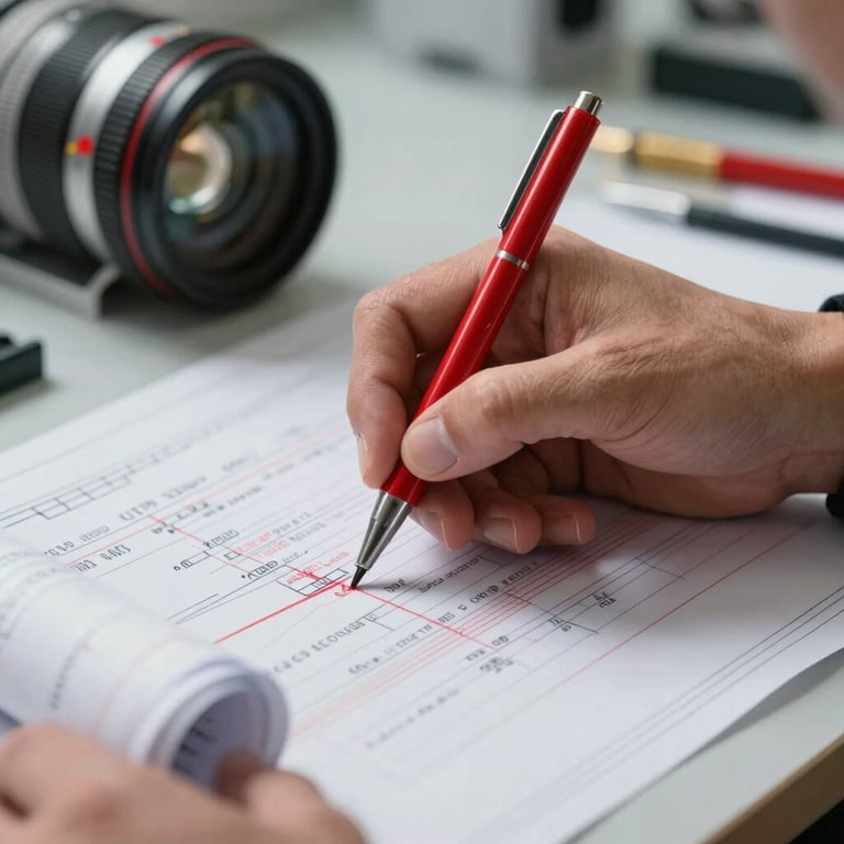 A detailed view of a technician's hand using a red pen to mark redline updates on a technical spool drawing under bright, professional lighting.