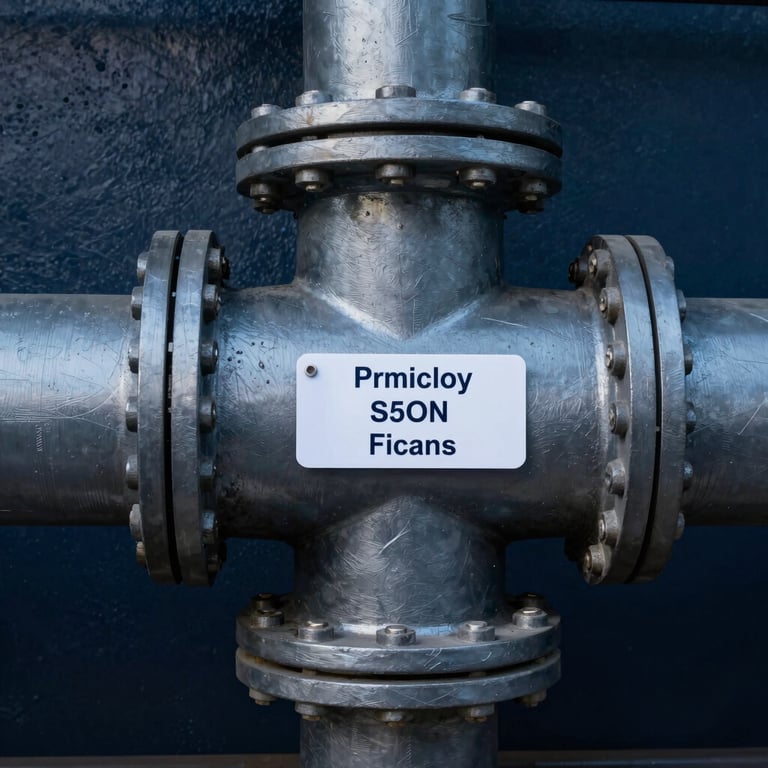A finished industrial pipe spool with a professional identification tag, set against a background of Steel Blue and Deep Navy industrial textures.