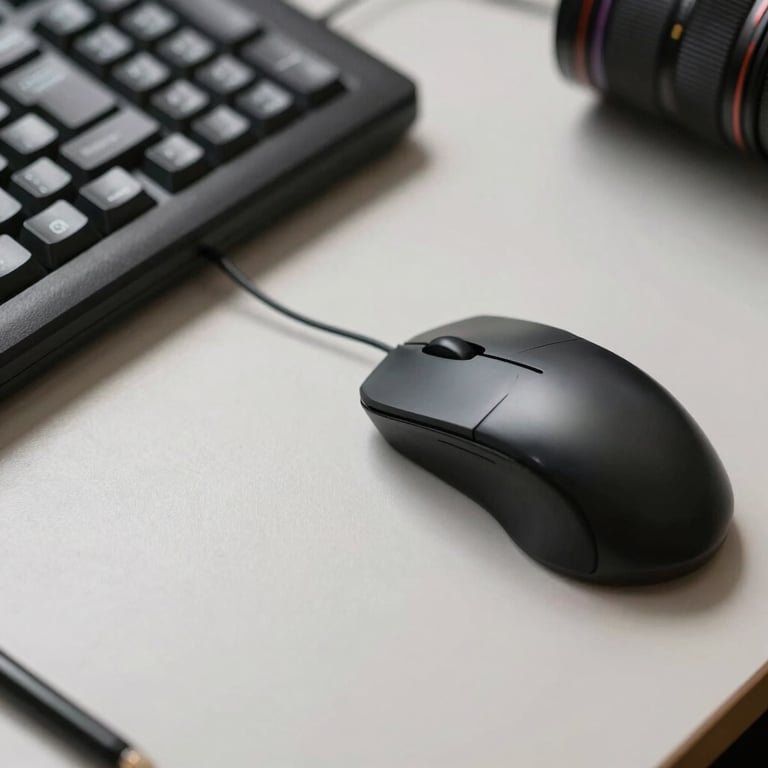 A high-angle shot of professional drafting equipment and a computer mouse on a clean Pale Mist desk, suggesting precision and technical expertise.