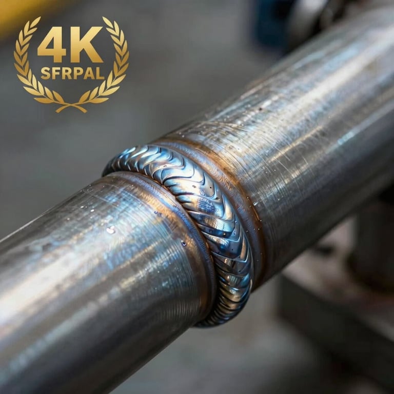 A sharp macro photograph of a high-quality weld on a large diameter industrial pipe, reflecting Steel Blue metallic tones.