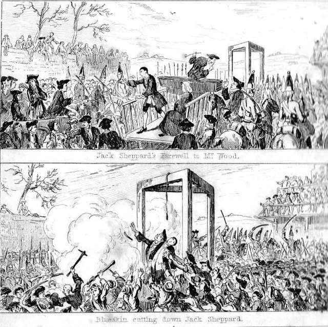 Historical illustration of Jack Sheppard's execution scene with a gallows and a large crowd.