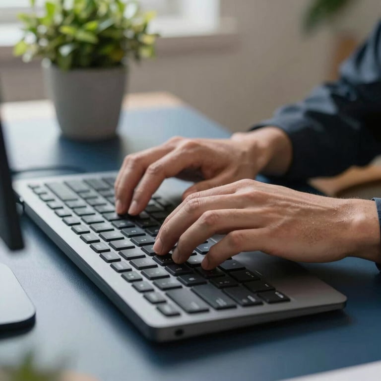 Detail of hands on a modern keyboard in a bright workspace, with emerald green plant accents and a professional dark blue desk.