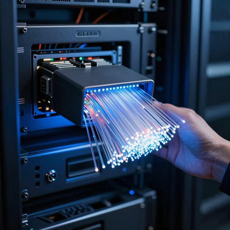 Sleek tech hardware and glowing fiber optics in a data center, symbolizing high-speed processing, with deep blue tones.