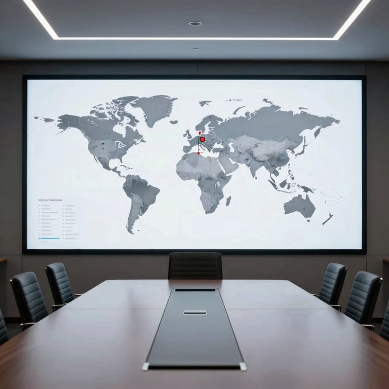 A minimalist, high-tech conference room in a North American tech city, with a large screen displaying global shipping routes.