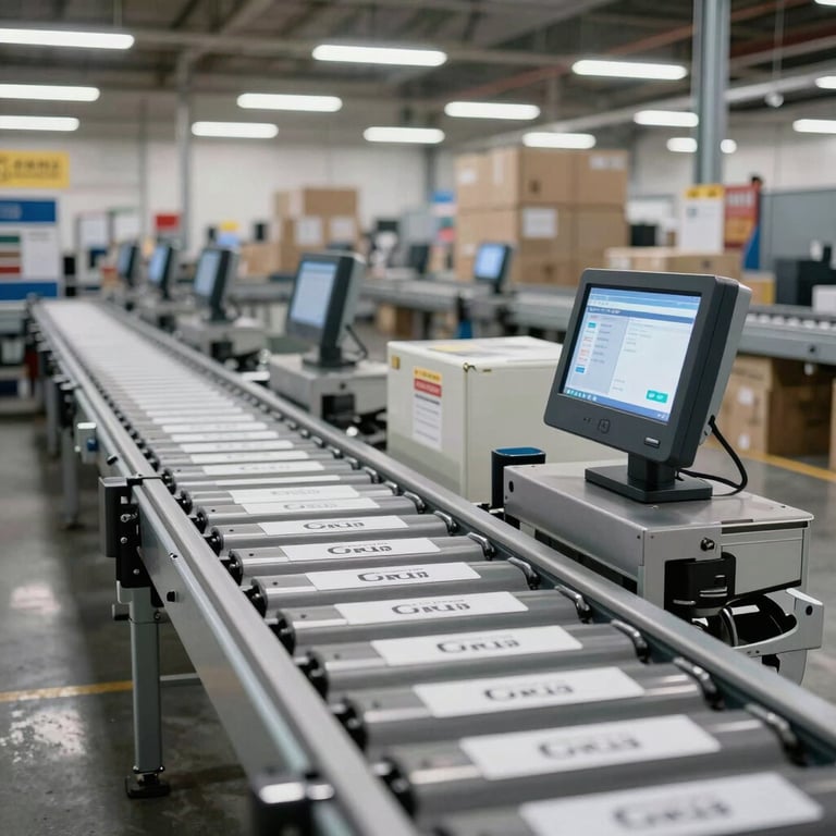 A modern North American / US logistics hub with automated conveyor systems and smart labeling, bright and efficient lighting.