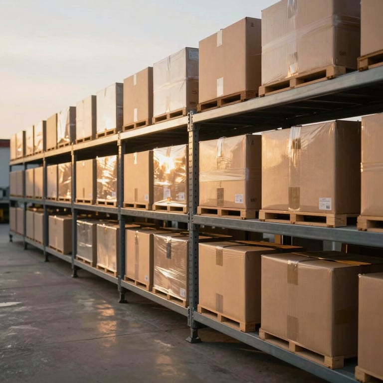 A clean and organized distribution center in the US during golden hour, reflecting reliability and seamless operations.